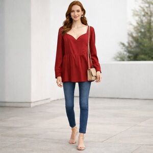 Torrid Peplum Crepe Sweatheart Neckline Biking Red Long Sleeve Blouse Top Sz 3X